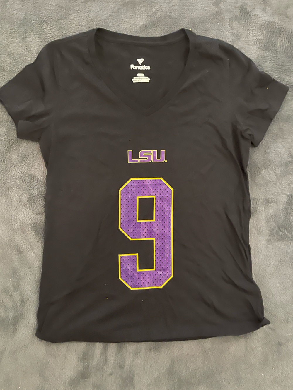 Fanatics LSU‎ Tigers Womens V-Neck T-Shirt Black Number 9 Purple Gold Small